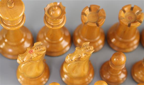 A Jaques Staunton pattern ebony and boxwood club chess set, king 4.25in.